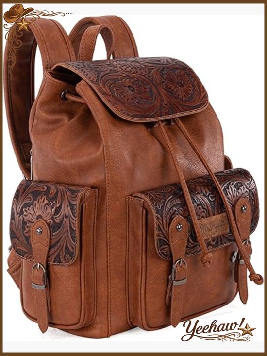 Western Floral Tooled Real Leather Backpack Purse Travel Bag